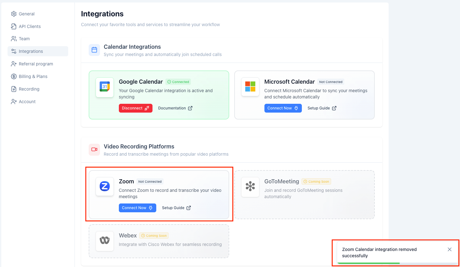 Zoom integration successfully removed